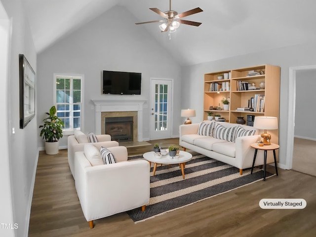 2747 Michelle Ct, Creedmoor, NC 27522 - living area featuring high vaulted ceiling, ceiling fan, a fireplace, wood finished floors, and baseboards