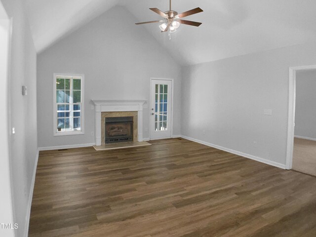 2747 Michelle Ct, Creedmoor, NC 27522 - unfurnished living room with ceiling fan, a fireplace, high vaulted ceiling, and wood finished floors