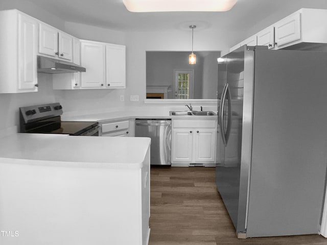 2747 Michelle Ct, Creedmoor, NC 27522 - kitchen with appliances with stainless steel finishes, under cabinet range hood, a sink, a peninsula, and dark wood-style flooring