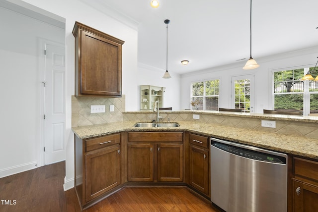 1720 Laurel Park Pl, Cary, NC 27511 - kitchen with dishwasher, a sink, ornamental molding, tasteful backsplash, and dark wood-type flooring