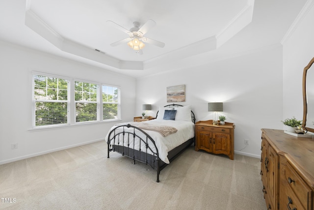 1720 Laurel Park Pl, Cary, NC 27511 - bedroom with a raised ceiling, crown molding, light carpet, baseboards, and a ceiling fan