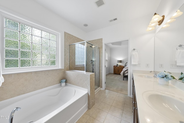 1720 Laurel Park Pl, Cary, NC 27511 - ensuite bathroom with a bath, a shower stall, double vanity, and tile patterned floors