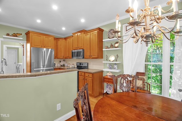 kitchen with stainless steel appliances, ornamental molding, open shelves, a chandelier, and light wood-type flooring