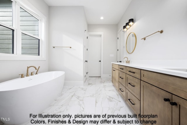 full bath featuring double vanity, marble finish floors, a freestanding tub, baseboards, and recessed lighting