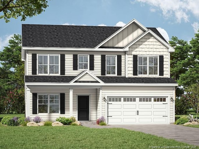 view of front of home featuring concrete driveway, an attached garage, a front yard, and board and batten siding