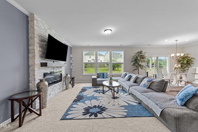 living area with light carpet, a chandelier, ornamental molding, healthy amount of natural light, and a stone fireplace