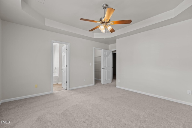 unfurnished bedroom featuring a raised ceiling, light colored carpet, baseboards, and a spacious closet