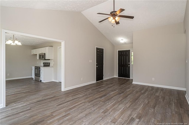 551 Hobson Rd, Raeford, NC 28376 - unfurnished living room with a ceiling fan, a chandelier, dark wood-type flooring, baseboards, and high vaulted ceiling