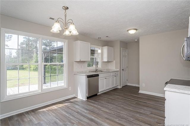 551 Hobson Rd, Raeford, NC 28376 - kitchen with appliances with stainless steel finishes, dark wood-style floors, baseboards, a sink, and a chandelier