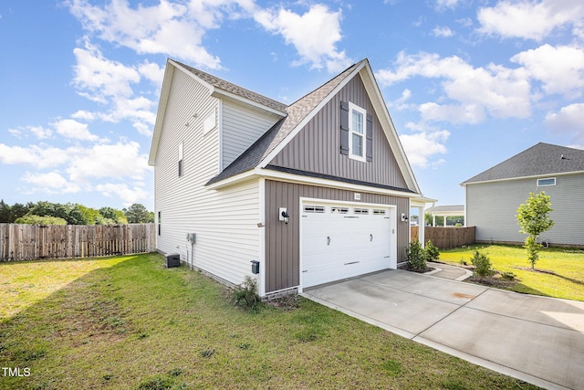 view of home's exterior with a garage, a shingled roof, driveway, central AC, and board and batten siding