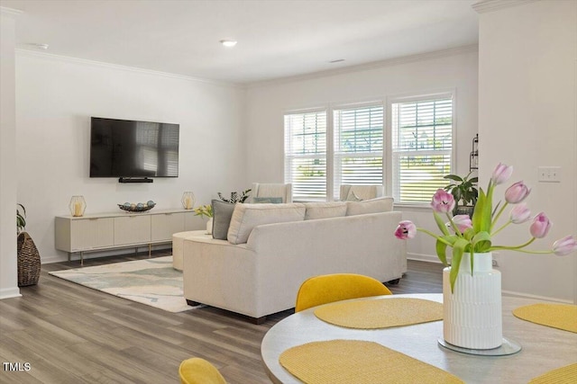 1440 Latham Garden Dr, Wake Forest, NC 27587 - living area featuring wood finished floors, crown molding, and baseboards