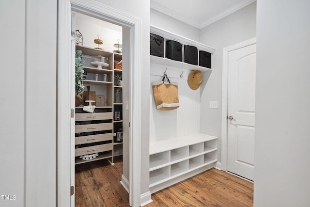 mudroom with crown molding and wood finished floors