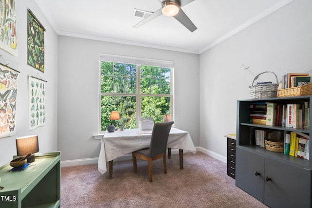 office featuring ornamental molding, ceiling fan, carpet, and baseboards