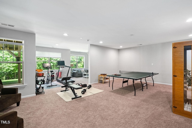 rec room featuring carpet floors, recessed lighting, and baseboards