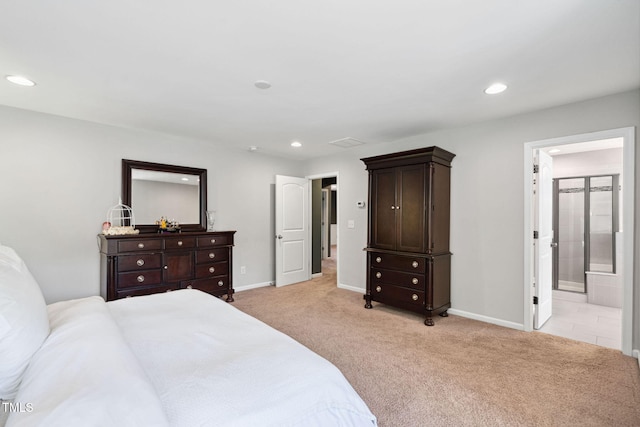 bedroom featuring light colored carpet, recessed lighting, baseboards, and connected bathroom