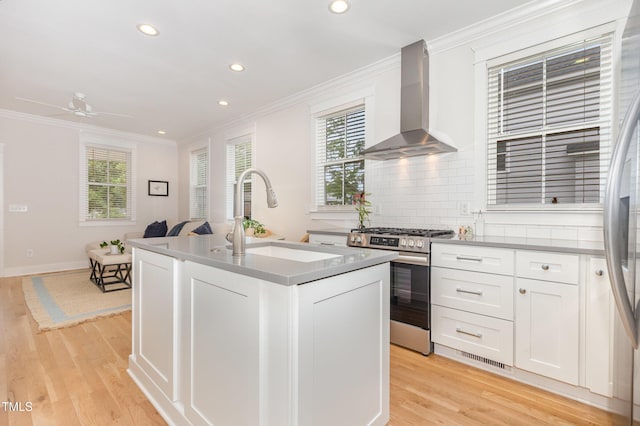 kitchen featuring appliances with stainless steel finishes, wall chimney exhaust hood, a sink, light wood-type flooring, and decorative backsplash