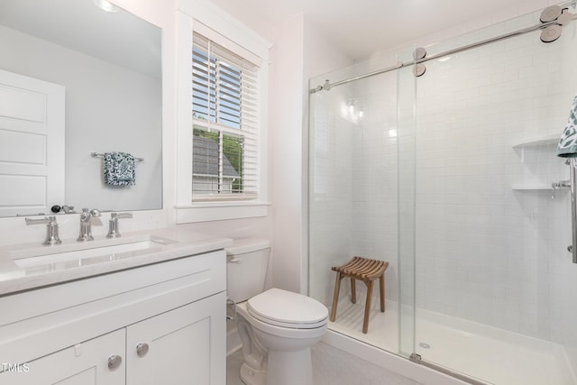 bathroom with a shower stall, toilet, and vanity