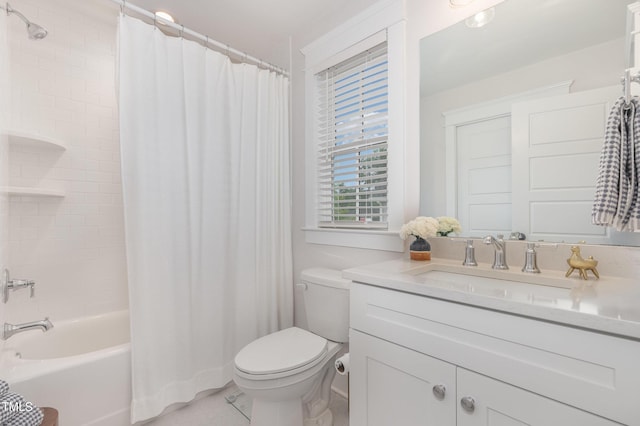 bathroom with toilet, vanity, shower / bath combination with curtain, and tile patterned flooring