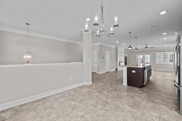 986 Gateway Commons Cir, Wake Forest, NC 27587 - kitchen with a sink, open floor plan, a ceiling fan, dark brown cabinetry, and ornamental molding