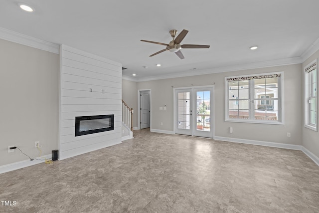 986 Gateway Commons Cir, Wake Forest, NC 27587 - unfurnished living room with ornamental molding, a ceiling fan, recessed lighting, a fireplace, and baseboards
