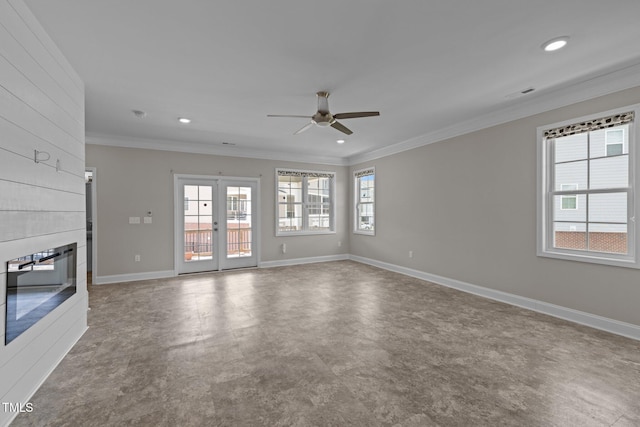 986 Gateway Commons Cir, Wake Forest, NC 27587 - unfurnished living room with a ceiling fan, crown molding, plenty of natural light, a fireplace, and recessed lighting