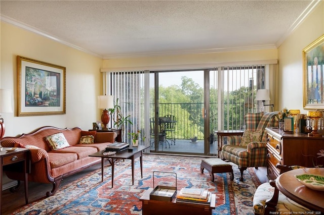 1100 Clarendon St Unit 501, Fayetteville, NC 28305 - living room featuring a textured ceiling, ornamental molding, and plenty of natural light