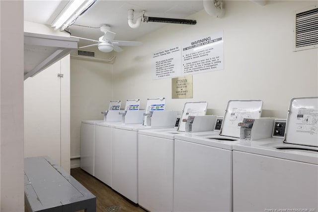 1100 Clarendon St Unit 501, Fayetteville, NC 28305 - communal laundry room featuring washer and clothes dryer, a ceiling fan, and dark wood-style flooring
