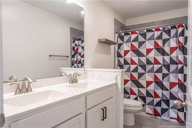 527 Weston Woods St, Raeford, NC 28376 - bathroom with toilet, double vanity, and curtained shower