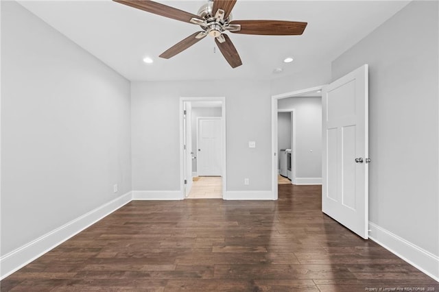 unfurnished bedroom featuring baseboards, recessed lighting, wood finished floors, and ceiling fan