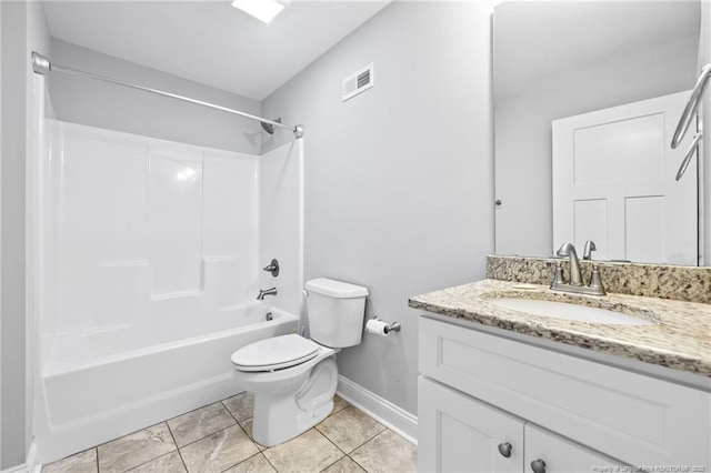 bathroom featuring toilet, baseboards, vanity, shower / bath combination, and tile patterned flooring
