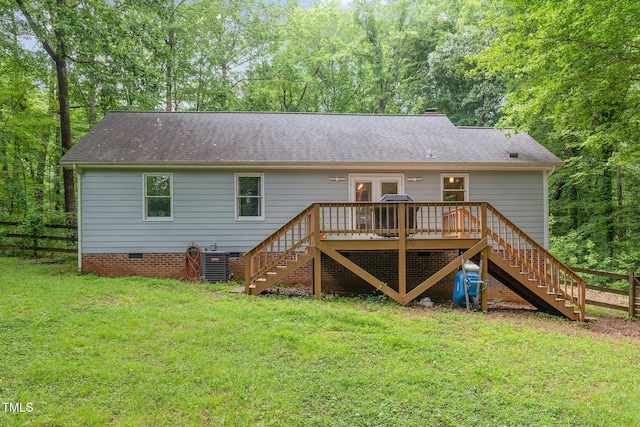 back of house featuring stairway, a wooden deck, central AC, crawl space, and a shingled roof