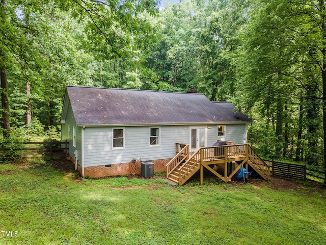 back of house with stairway, a deck, a shingled roof, central AC unit, and crawl space