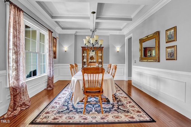 216 Colonial Ridge Dr, Pittsboro, NC 27312 - dining room with a chandelier, hardwood / wood-style floors, beamed ceiling, coffered ceiling, and a wainscoted wall