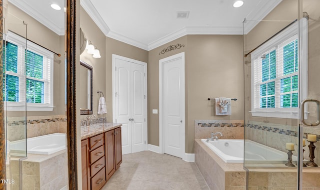 216 Colonial Ridge Dr, Pittsboro, NC 27312 - bathroom with a bath, vanity, ornamental molding, tile patterned flooring, and recessed lighting