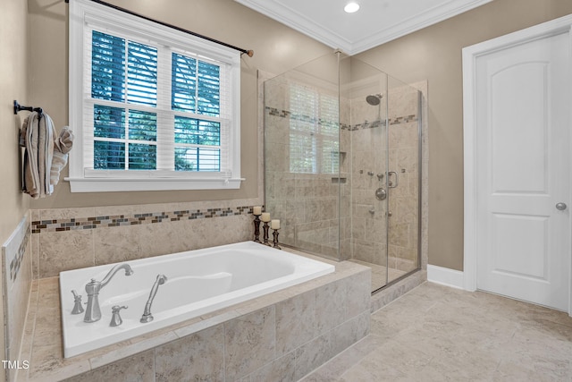 216 Colonial Ridge Dr, Pittsboro, NC 27312 - full bath featuring a shower stall, crown molding, and a garden tub