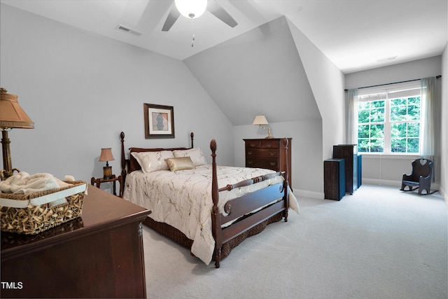 216 Colonial Ridge Dr, Pittsboro, NC 27312 - bedroom with light carpet, ceiling fan, baseboards, and lofted ceiling