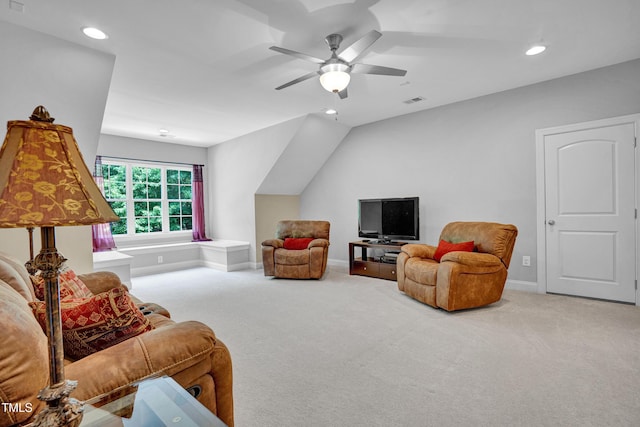 216 Colonial Ridge Dr, Pittsboro, NC 27312 - carpeted living room with recessed lighting, a ceiling fan, baseboards, and vaulted ceiling