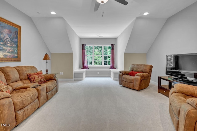 216 Colonial Ridge Dr, Pittsboro, NC 27312 - living room with light colored carpet, baseboards, vaulted ceiling, ceiling fan, and recessed lighting