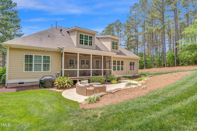 216 Colonial Ridge Dr, Pittsboro, NC 27312 - back of property with a sunroom, a lawn, roof with shingles, outdoor lounge area, and a ceiling fan