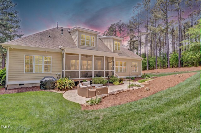 216 Colonial Ridge Dr, Pittsboro, NC 27312 - rear view of house featuring outdoor lounge area, a sunroom, a yard, roof with shingles, and a patio