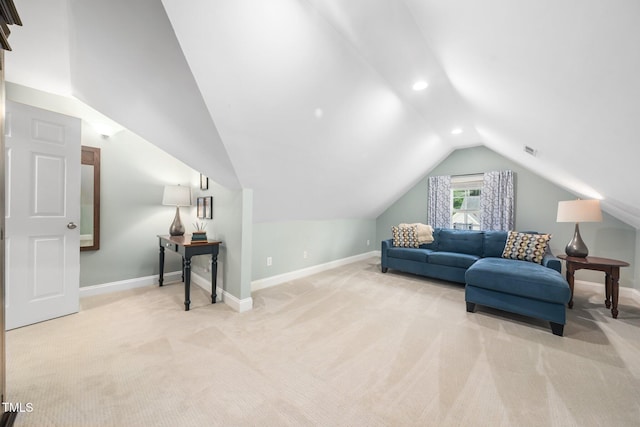 3916 Rustic Mill Dr, Apex, NC 27539 - living area featuring light carpet, vaulted ceiling, baseboards, and recessed lighting