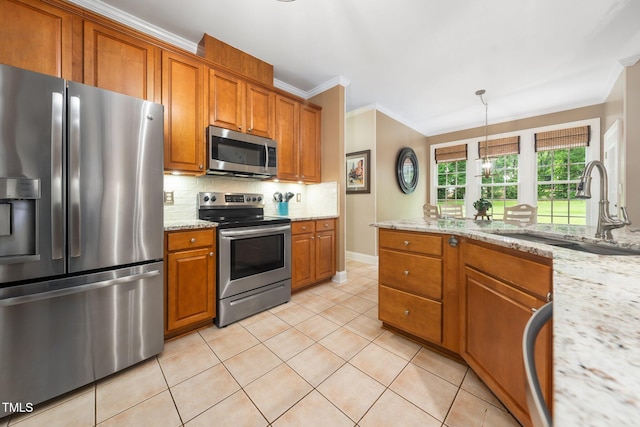 3916 Rustic Mill Dr, Apex, NC 27539 - kitchen featuring appliances with stainless steel finishes, a sink, brown cabinets, ornamental molding, and tasteful backsplash