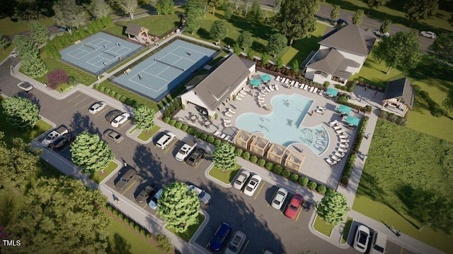 drone / aerial view of a pool area