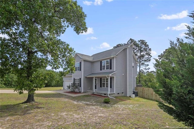 view of front of home featuring central AC, driveway, an attached garage, and crawl space