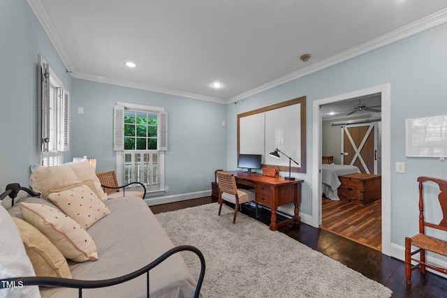 5308 Stableview Ct, Holly Springs, NC 27540 - office space with crown molding, dark wood-style floors, and recessed lighting