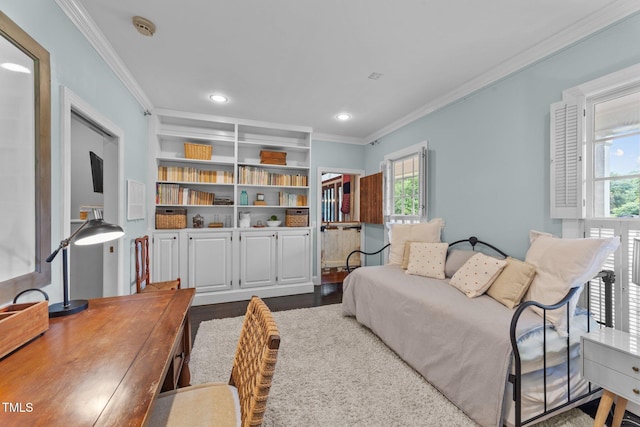 5308 Stableview Ct, Holly Springs, NC 27540 - bedroom with crown molding, multiple windows, recessed lighting, and dark wood-type flooring