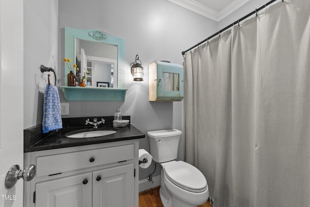 5308 Stableview Ct, Holly Springs, NC 27540 - bathroom featuring ornamental molding, vanity, wood finished floors, and curtained shower