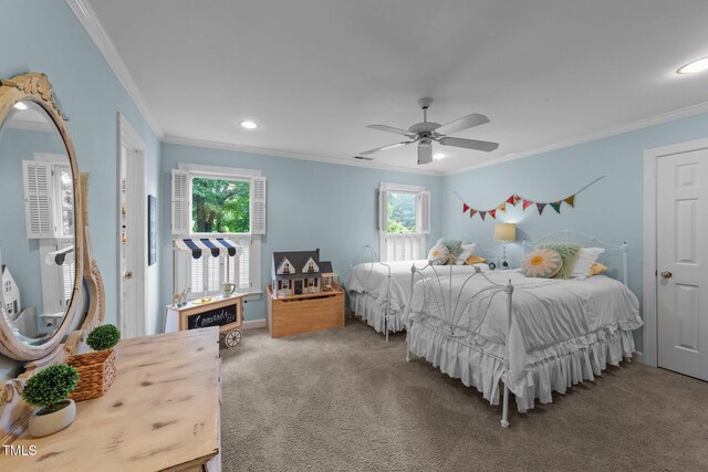 5308 Stableview Ct, Holly Springs, NC 27540 - bedroom with ornamental molding, carpet flooring, recessed lighting, and ceiling fan