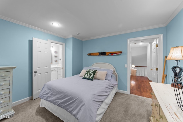 5308 Stableview Ct, Holly Springs, NC 27540 - bedroom featuring crown molding, light carpet, and connected bathroom