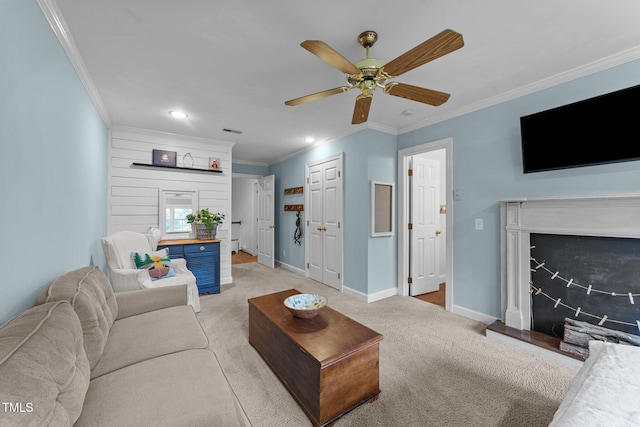 5308 Stableview Ct, Holly Springs, NC 27540 - living room with crown molding, light carpet, a ceiling fan, and recessed lighting